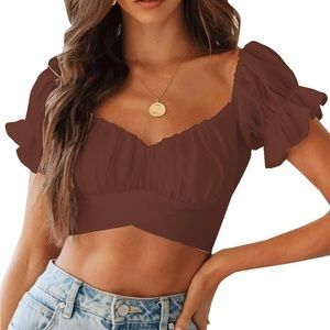Crop Ruffle Short Sleeve Bow Tie Top, color Brown size Small